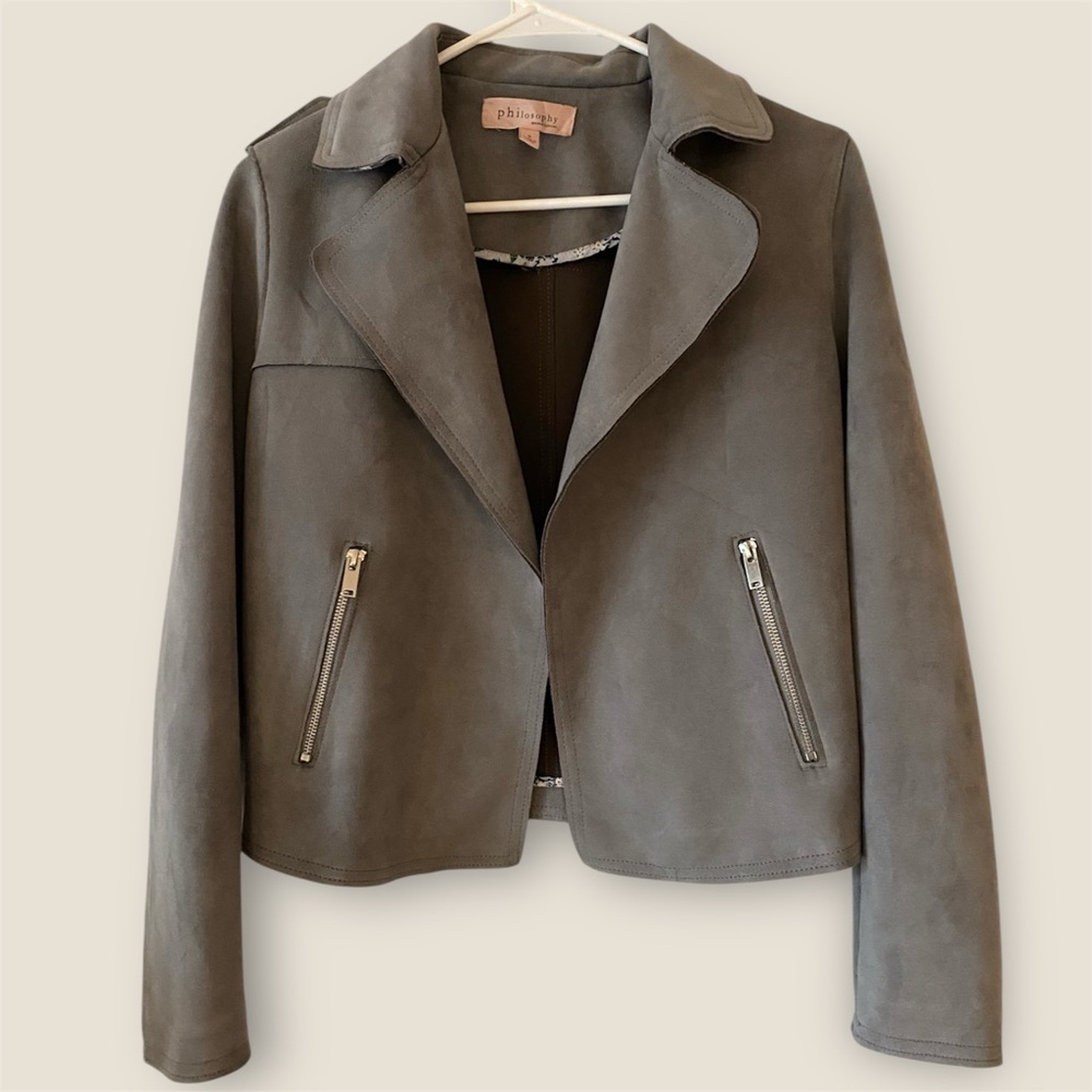 PHILOSOPHY Soft Gray Faux Leather Moto Jacket, Open Front, Size S, Classy & Chic